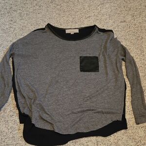 LOFT Black and Gray Top with Leather Trim